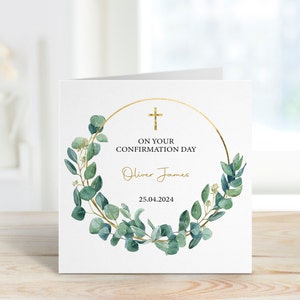 Confirmation card with eucalyptus floral frame for boy or girl personalised with any name