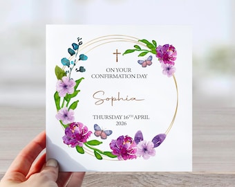 Personalised Confirmation Card with Name & Date, Catholic Confirmation Card for Girl, Floral Cross Religious Sacrament Card