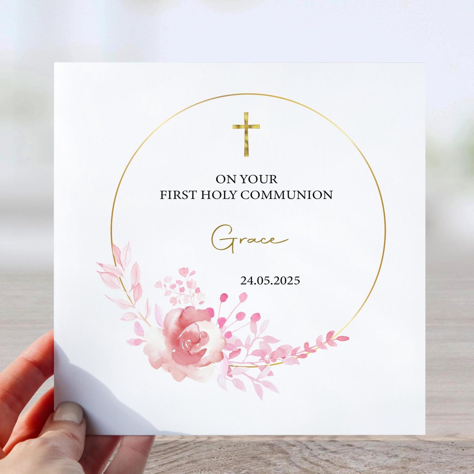 First Holy Communion Card for Girl With Pink Floral Design Personalised ...