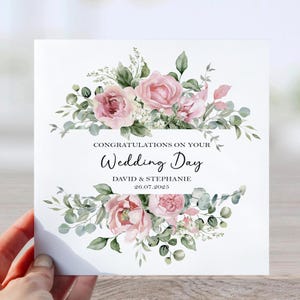 Carte de mariage personnalisée - motif roses roses, carte de félicitations florale pour couple, carte de mariage faite main
