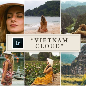 Puede incluir: Un collage de imágenes que muestran a una mujer en varios lugares de Vietnam. Las imágenes incluyen a una mujer con un sombrero cónico vietnamita tradicional, una mujer sentada en una playa, una mujer de pie en un campo de flores de loto y una mujer de pie frente a un templo antiguo. El texto "VIETNAM CLOUD" se superpone a las imágenes.