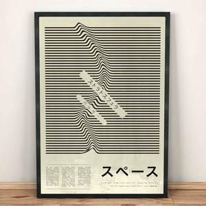 Könnte beinhalten: Ein Schwarz-Weiß-Abstrakter Kunstdruck mit einem welligen, gestreiften Muster. Der Druck hat eine Vintage-Ästhetik und zeigt den japanischen Text "スペース", der mit "Raum" übersetzt wird.