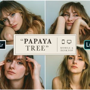 May include: A collage of four images featuring a woman with long brown hair. The woman is wearing a white tank top and has a neutral expression. The text "PAPAYA TREE" is displayed in a beige rectangle with a black border. The text "MOBILE & DESKTOP" is displayed below the rectangle. The text "Lr" is displayed in a blue rectangle with a white border in the top left and bottom right corners of the collage.