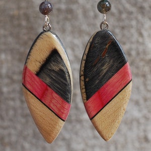 Colorwood and maple earring with sterling silver wires and semi-precious stones