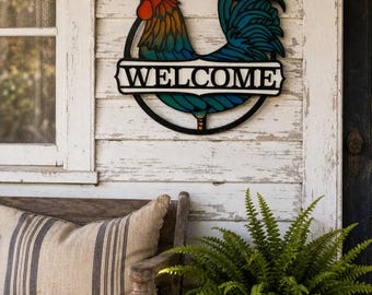 Rooster Welcome Sign – Handmade 3D Wooden Door Hanger