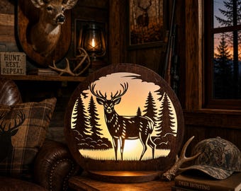 Lámpara Majestic Buck de madera cortada con láser – 26,7 cm x 22,9 cm x 7,6 cm / Lámpara LED decorativa hecha a mano