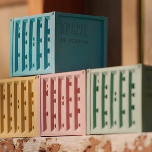 Può includere: Pila di cinque contenitori di spedizione in miniatura colorati. Il contenitore superiore è blu chiaro con il testo "NORDIC ANIMAL DE SK30419". I contenitori sottostanti sono giallo, rosa, verde e verde scuro.