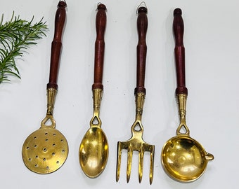 Vintage wood & brass decorative kitchen utensils, Spoon, skimmer,ladle, toasting fork, small decorative kitchen decor