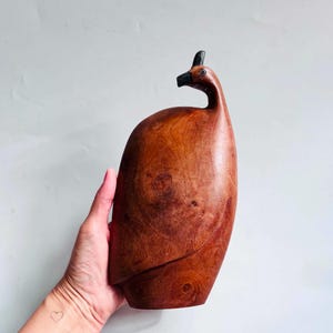 Vintage Mid century hand carved wooden stylized guinea fowl, handmade mcm decor