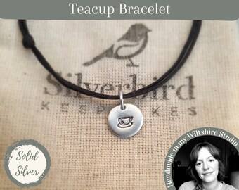 Teacup Bracelet, Cup of Tea Stamp Charm, 999 Solid Silver Teacup Charm, Waxed Cotton Cord Bracelet, Friendship Keepsake Gift