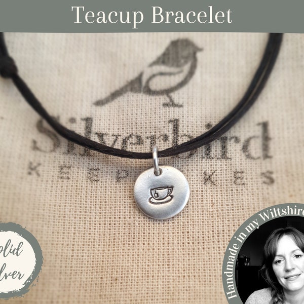 Teacup Bracelet, Cup of Tea Stamp Charm, 999 Solid Silver Teacup Charm, Waxed Cotton Cord Bracelet, Friendship Keepsake Gift