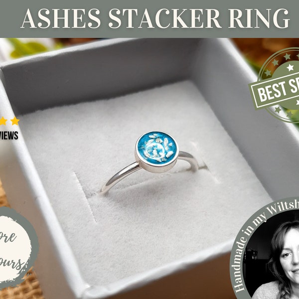 Sterling Silver Memorial Ashes Ring, Circle and Heart Ashes in Resin Ring, Stacker Ashes Ring, Different Colours, Pet Ashes Memorial Ring