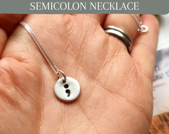Handmade Semicolon Silver Necklace: Mental Health Jewelry Gift