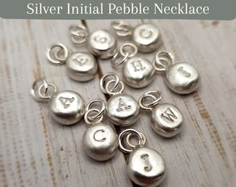 Initial Pebble Necklace in Recycled Silver, Personalised Letter Necklace, Sterling Silver Fine Chain, Silver Alphabet Pebble Charm