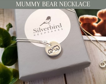 Mummy Bear and Cub Necklace, New Mum Jewellery Keepsake Gift, Hand Stamped Silver Bear Charm, Sterling Silver Chain