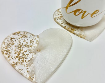 Valentine’s Day decoration white heart coasters, resin coaster set with clear edges. Great Valentines galentines gift wife, girlfriend, mom