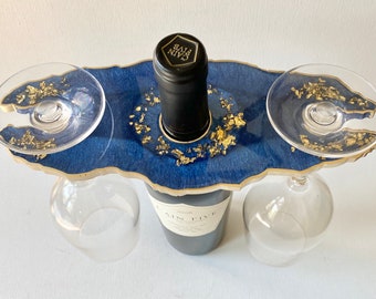 Geode resin wine or champagne butler, caddy.  Navy blue w gold accents. Bottle holder, housewarming gift, wine lover, realtor gift ideas