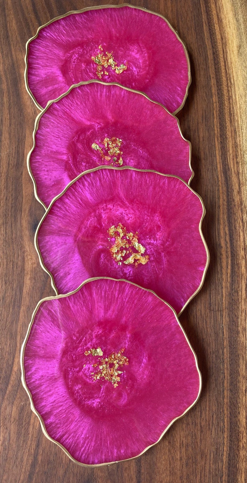 Pink Resin geode agate Coasters Set, Magenta pink with gold accents. Great Mothers Day gift image 3