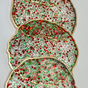 Christmas coasters, red and green bling resin coaster set with GOLD edges. Great hostess gift image 2