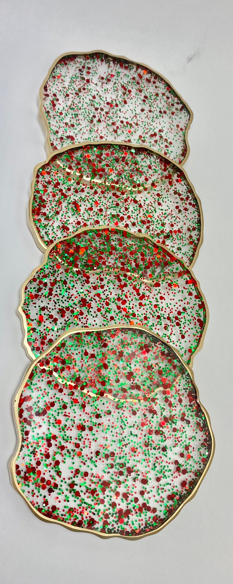 Christmas coasters, red and green bling resin coaster set with GOLD edges. Great hostess gift image 2