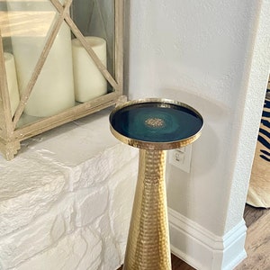 Luxury modern Cocktail martini drink table, hammered metal NAVY & EMERALD geode resin top-All colors available, minimalist housewarming gift