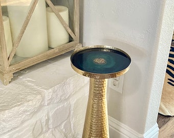 Luxury modern Cocktail martini drink table, hammered metal NAVY & EMERALD geode resin top-All colors available, minimalist housewarming gift