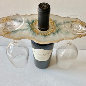 Geode resin wine or champagne butler, caddy. Moonstone with emerald. Bottle holder, housewarming gift, wine lover, realtor gift ideas image 1