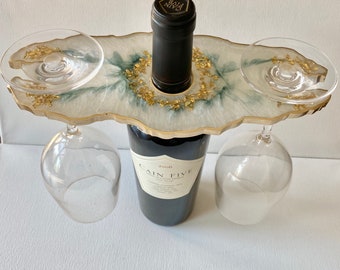 Geode resin wine or champagne butler, caddy.  Moonstone with emerald. Bottle holder, housewarming gift, wine lover, realtor gift ideas