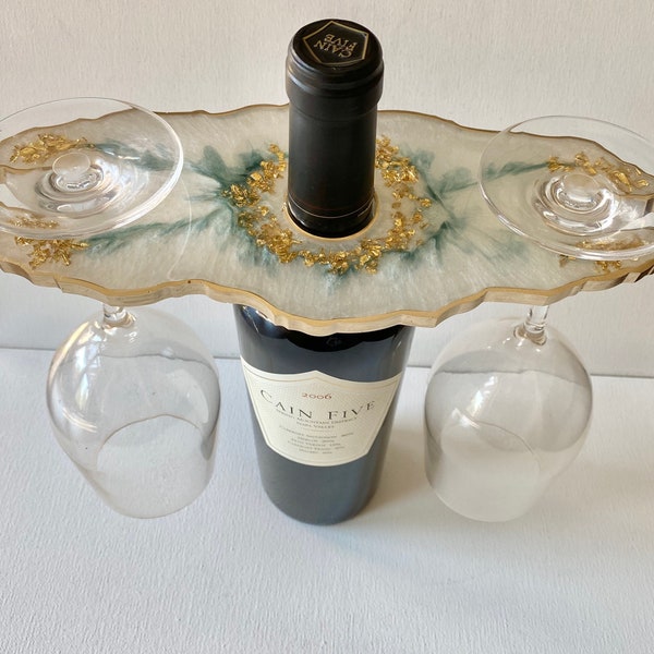 Geode resin wine or champagne butler, caddy.  Moonstone with emerald. Bottle holder, housewarming gift, wine lover, realtor gift ideas