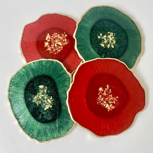 Christmas coasters, red and green resin coaster set with gold accents. Great hostess gift
