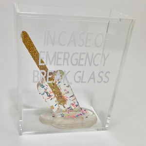 May include: A clear acrylic box containing a gold glitter popsicle. The popsicle is melting and has colourful sprinkles on it. The text on the box reads "In case of emergency break glass."