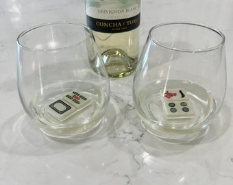3d Mahjong lover real tile Crack Bam Dot wine lover glass pair. Unique hostess gift for game or party.  Handmade minimal functional pop art.