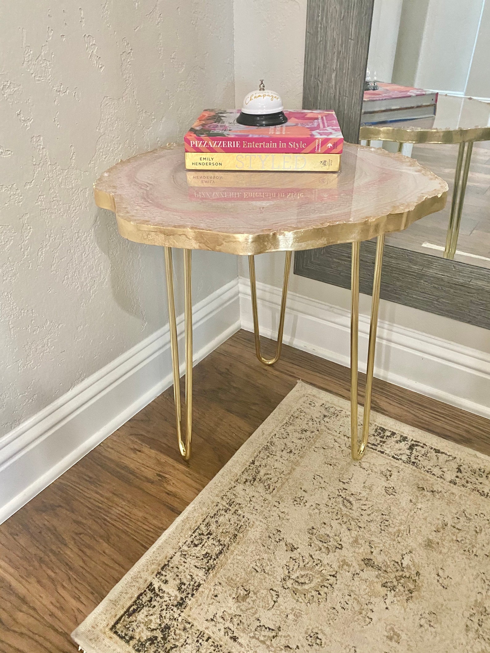 Resin geode accent side table. White & rose quartz pink agate Etsy
