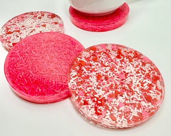 Valentine’s Day decoration sprinkle mix coasters, resin coaster set with CLEAR edges. Great Valentines galentines gift wife, girlfriend, mom