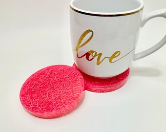 Pink Valentine’s Day decor sprinkle glitter coasters, resin coaster set w CLEAR edges. Great Valentines gift for wife, mom, sister, daughter