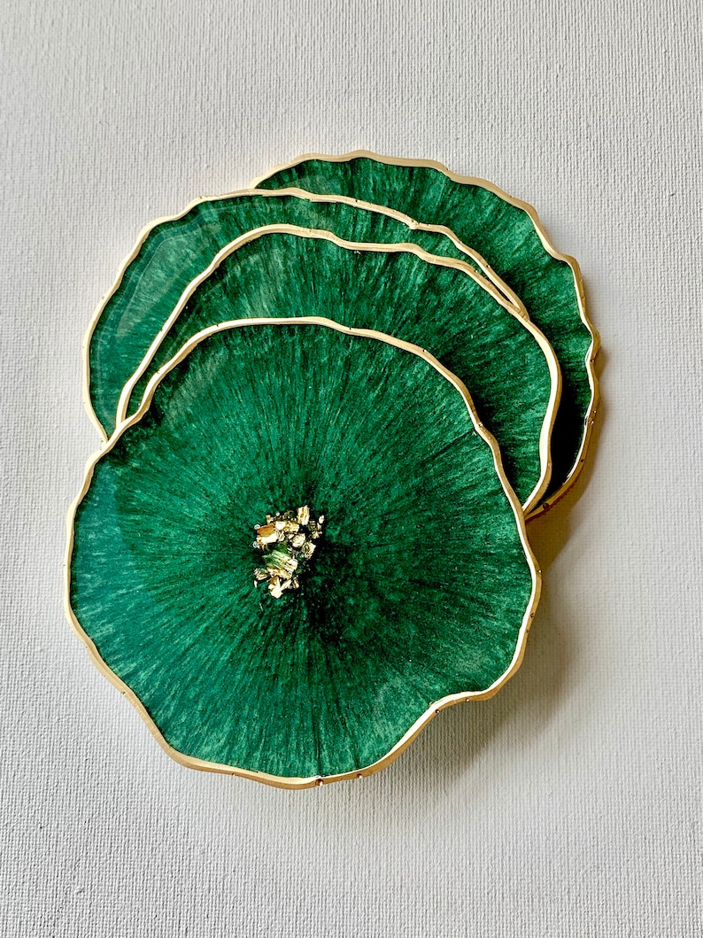 Resin coaster set geode agate Emerald green coasters w gold accents great housewarming, teacher, realtor gift image 8