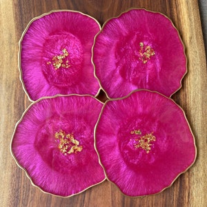 Pink Resin geode agate Coasters Set, Magenta pink with gold accents. Great Mothers Day gift image 2