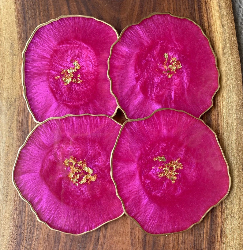 Pink Resin geode agate Coasters Set, Magenta pink with gold accents. Great Mothers Day gift image 2