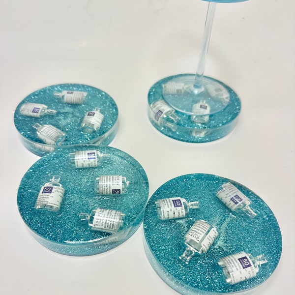 3d Botox vial resin coasters w blue base, minimal functional  Pop art, injector, nurse dr gift. upcycled resin Botox lover Christmas gift.