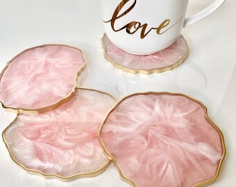 Light Pink and White marble mix Geode Resin Coasters, Handmade Agate Epoxy Coasters, large size  - Set of 4