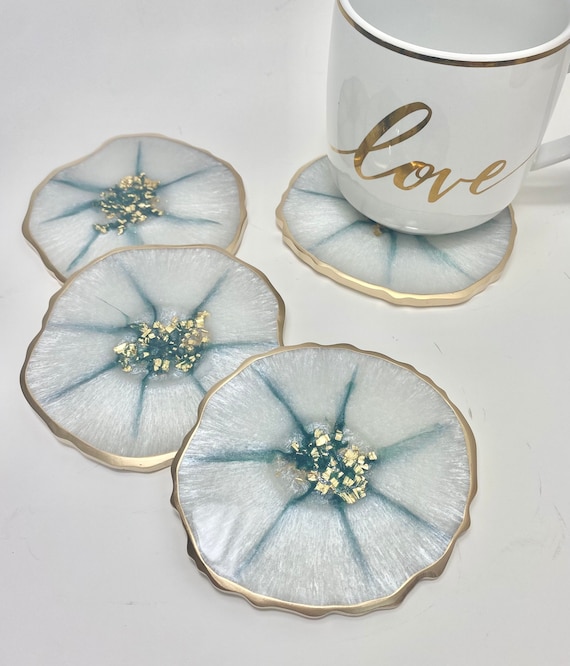 Set Di 4 Sottobicchieri In Resina Fatti A Mano: Design Geoda Rosa Elegante - 5