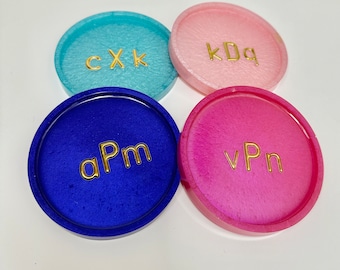 Custom monogram  initial resin ring dish, jewelry holder. Magenta pink, purple, turquoise, white w 3d gold lettering. Great gift under 20.