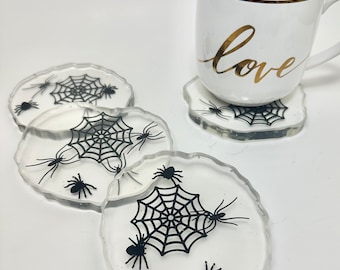 Halloween goth spider resin coaster set-super unique snake decor, minimal gift for bug lovers. Clear resin w spiders/ web. Clear edges