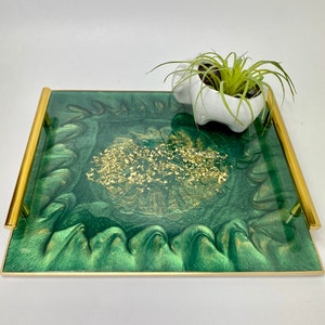 Geode agate Emerald resin decorative serving tray or vanity tray with modern gold bar handles, large 12x10”