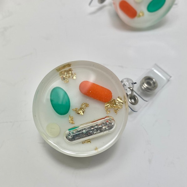 Pill badge reel, Nurse or pharmacy tech rx id real pill resin badge reel, white with real pills