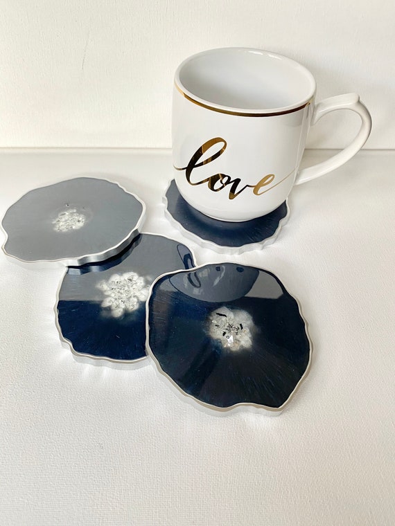 4 Blaue Achat-Untersetzer Mit Silberrand | Modernes Steingeode-Design | 4er-Set Für Drinks