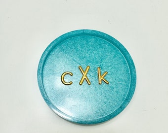 Custom monogram  initial resin ring dish, jewelry holder. Turquoise teal  w 3d gold lettering. Great gift under 20 for brides, kids teens.