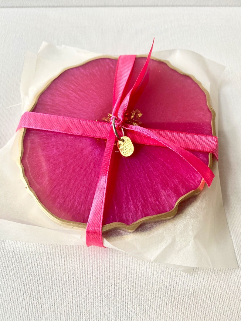 Pink Resin geode agate Coasters Set, Magenta pink with gold accents. Great Mothers Day gift image 9