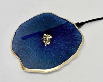 wireless charger pad, dark navy  gold Geode agate resin. PHONE 8 and newer,  Note, Pods, All colors available.