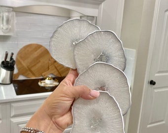 Resin coaster set Moonstone white geode Resin Coasters with silver accents, housewarming, realtor gift ideas